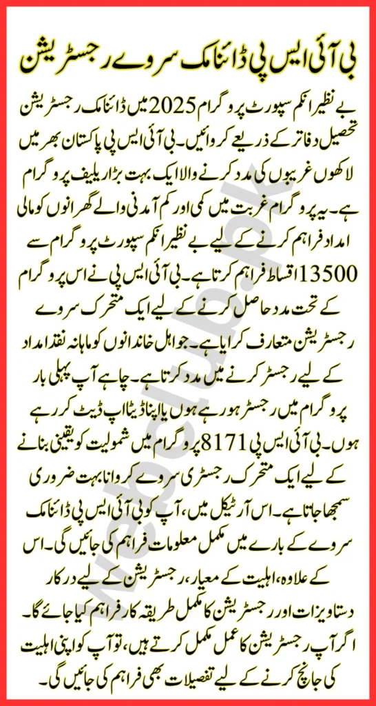 Benazir Income Support Programme Dynamic Survey Registration 2025 Via Tehsil Office